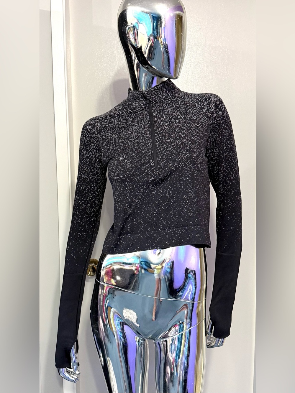 Lululemon Black + Cream Speckled Long-Sleeve Half-Zip Crop Top